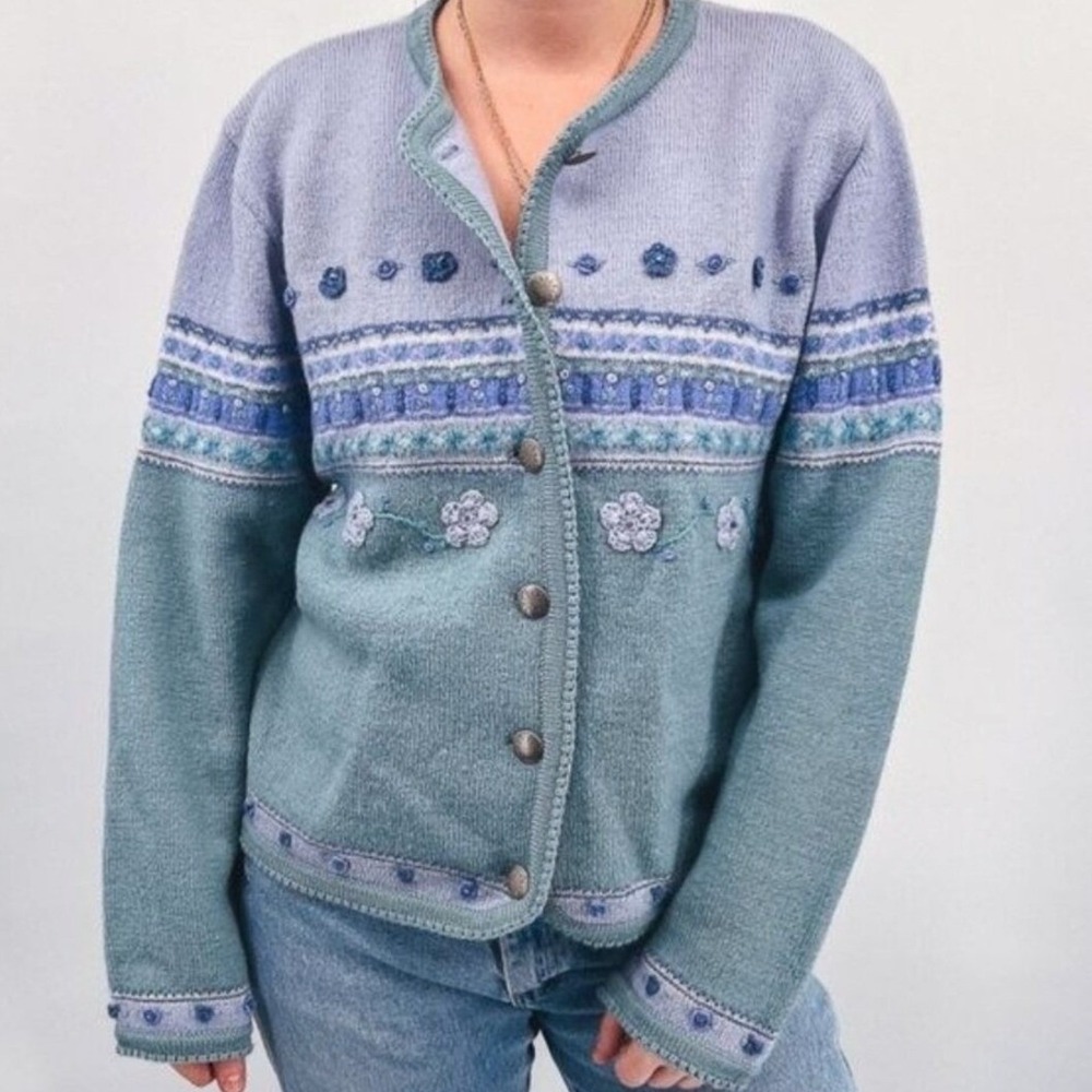 Vintage Tally-Ho 100% Wool Cardigan Sweater Blue‎ Green Floral Embroidered XL